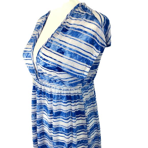 Dream Beach Sheer Maxi Dress Swimsuit Cover Low V Neck Size Medium Blue Vintage - Picture 3 of 11